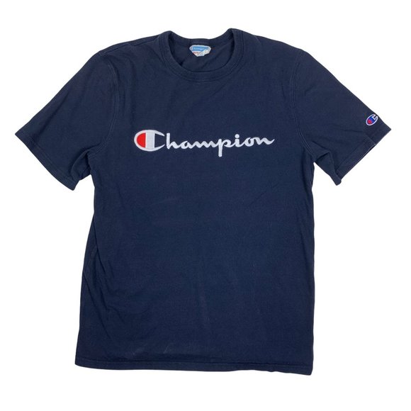Champion Vintage 1990s Medium Tee Shirt Embroidery Script Logo Navy Blue Short S - Picture 1 of 3